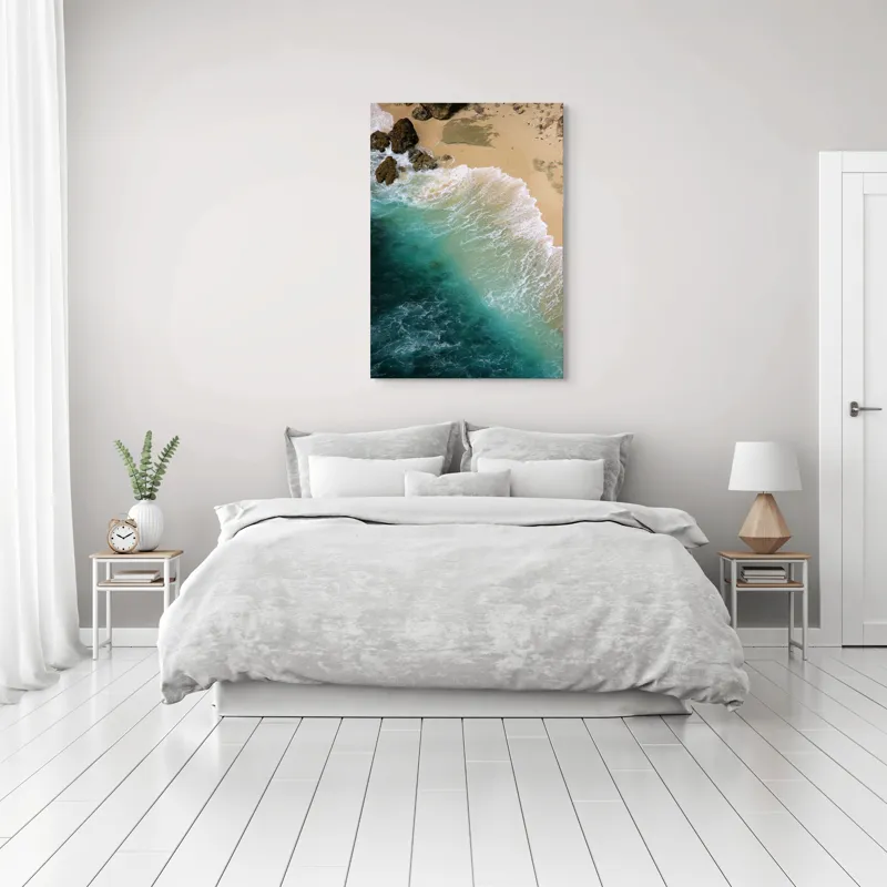 Tablou Canvas, "Valurile mării pe țărmul nisipos", Ocean, Valuri, Nisip, Țărm, Albastru, Spumă, Stânci, Natură, 70 x 100 cm – poza 3