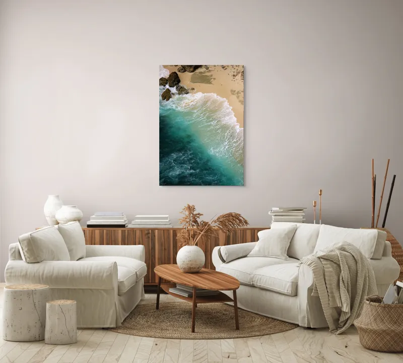 Tablou Canvas, "Valurile mării pe țărmul nisipos", Ocean, Valuri, Nisip, Țărm, Albastru, Spumă, Stânci, Natură, 70 x 100 cm – poza 4