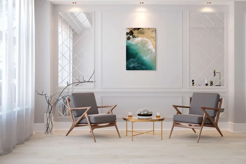 Tablou Canvas, "Valurile mării pe țărmul nisipos", Ocean, Valuri, Nisip, Țărm, Albastru, Spumă, Stânci, Natură, 70 x 100 cm – poza 8