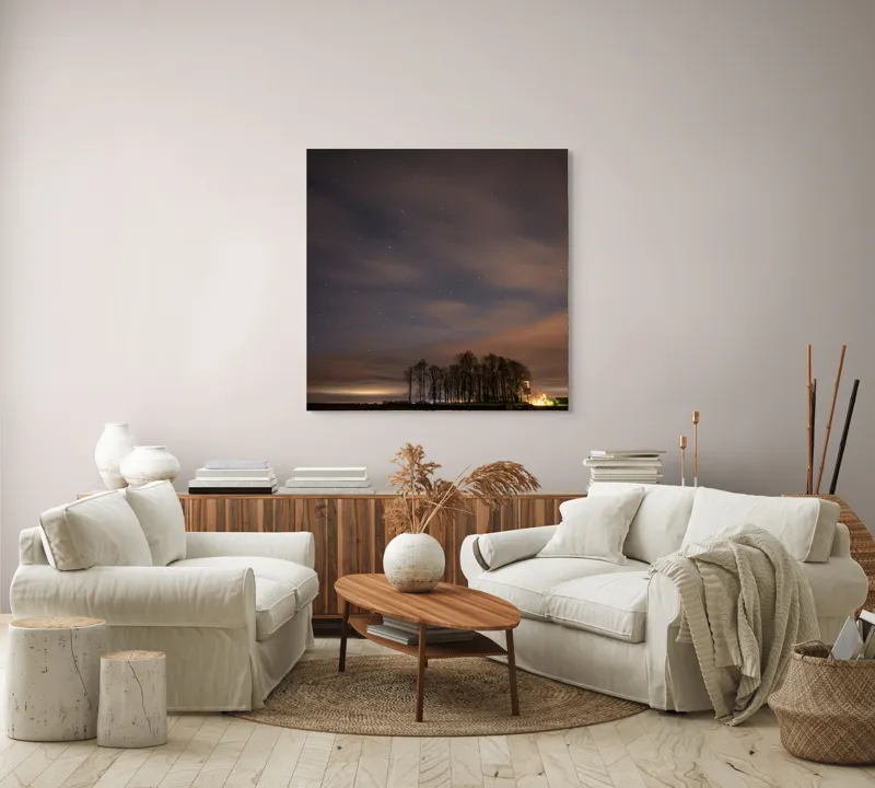 Tablou Canvas, "Cerul înstelat peste pădurea tăcută", Stele, Nori, Copaci, Cer, Noapte, Orizont, Lumină, Natură, Siluetă, Frumusețe, 100 x 100 cm – poza 3