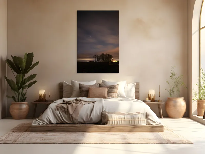 Tablou Canvas, "Cerul înstelat peste pădurea tăcută", Stele, Nori, Copaci, Cer, Noapte, Orizont, Lumină, Natură, Siluetă, Frumusețe, 100 x 150 cm – poza 3