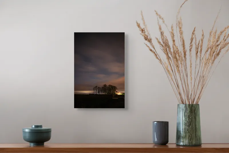 Tablou Canvas, "Cerul înstelat peste pădurea tăcută", Stele, Nori, Copaci, Cer, Noapte, Orizont, Lumină, Natură, Siluetă, Frumusețe, 26 x 39 cm – poza 5