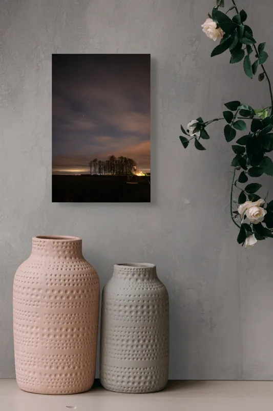 Tablou Canvas, "Cerul înstelat peste pădurea tăcută", Stele, Nori, Copaci, Cer, Noapte, Orizont, Lumină, Natură, Siluetă, Frumusețe, 26 x 39 cm – poza 6