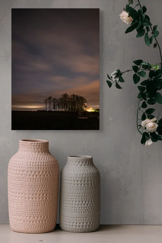Tablou Canvas, "Cerul înstelat peste pădurea tăcută", Stele, Nori, Copaci, Cer, Noapte, Orizont, Lumină, Natură, Siluetă, Frumusețe, 39 x 54 cm – poza 6