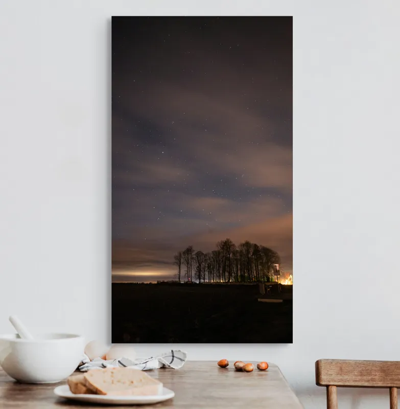 Tablou Canvas, "Cerul înstelat peste pădurea tăcută", Stele, Nori, Copaci, Cer, Noapte, Orizont, Lumină, Natură, Siluetă, Frumusețe, 50 x 90 cm – poza 3