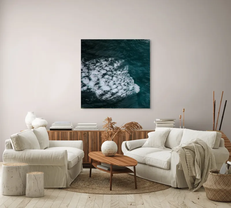Tablou Canvas, "Valuri spumoase în largul mării", Ocean, Valuri, Spumă, Albastru, Natură, Energic, Dinamic, Apă, Profund., 100 x 100 cm – poza 3