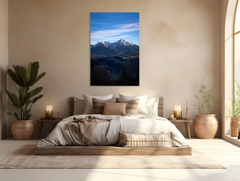 Tablou Canvas, "Umbrele serii peste munți alpini", Munți, Zăpadă, Cer, Nor, Vârfuri, Pădure, Vale, Lumină, Umbre, Peisaj, 100 x 150 cm – poza 3
