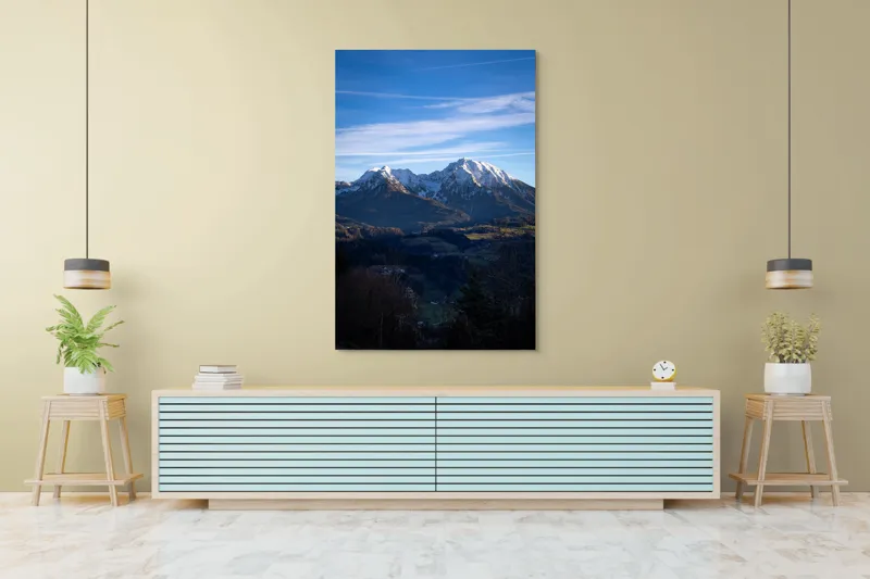 Tablou Canvas, "Umbrele serii peste munți alpini", Munți, Zăpadă, Cer, Nor, Vârfuri, Pădure, Vale, Lumină, Umbre, Peisaj, 100 x 150 cm – poza 4