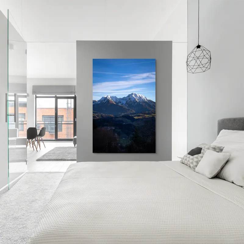 Tablou Canvas, "Umbrele serii peste munți alpini", Munți, Zăpadă, Cer, Nor, Vârfuri, Pădure, Vale, Lumină, Umbre, Peisaj, 100 x 150 cm – poza 5