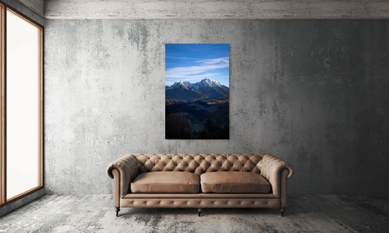 Tablou Canvas, "Umbrele serii peste munți alpini", Munți, Zăpadă, Cer, Nor, Vârfuri, Pădure, Vale, Lumină, Umbre, Peisaj, 100 x 150 cm – poza 6