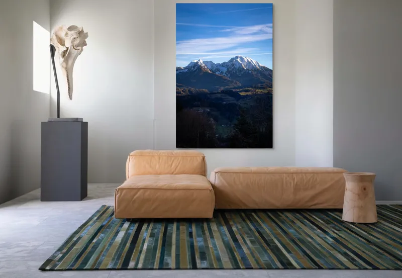 Tablou Canvas, "Umbrele serii peste munți alpini", Munți, Zăpadă, Cer, Nor, Vârfuri, Pădure, Vale, Lumină, Umbre, Peisaj, 100 x 150 cm – poza 7