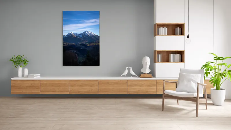 Tablou Canvas, "Umbrele serii peste munți alpini", Munți, Zăpadă, Cer, Nor, Vârfuri, Pădure, Vale, Lumină, Umbre, Peisaj, 100 x 150 cm – poza 8