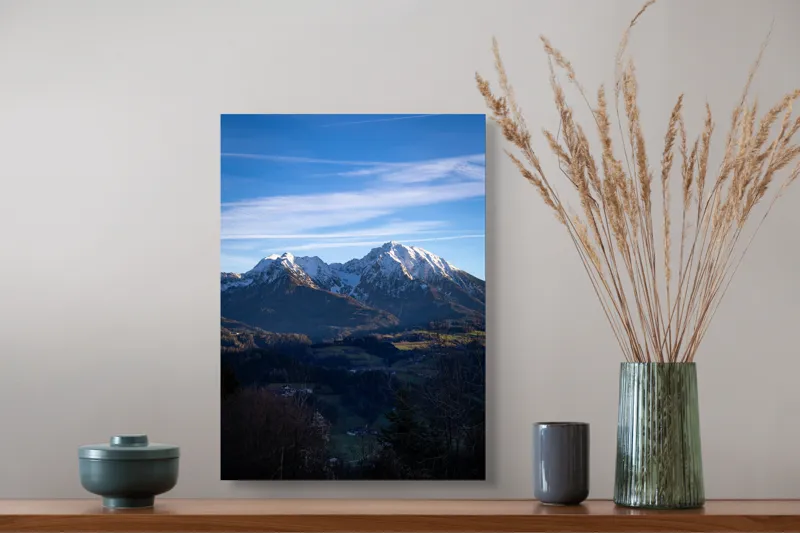 Tablou Canvas, "Umbrele serii peste munți alpini", Munți, Zăpadă, Cer, Nor, Vârfuri, Pădure, Vale, Lumină, Umbre, Peisaj, 39 x 54 cm – poza 3