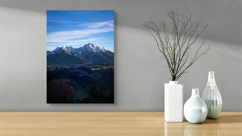 Tablou Canvas, "Umbrele serii peste munți alpini", Munți, Zăpadă, Cer, Nor, Vârfuri, Pădure, Vale, Lumină, Umbre, Peisaj, 39 x 54 cm – poza 4