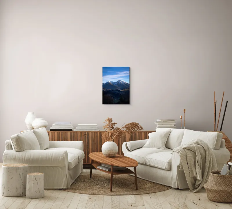 Tablou Canvas, "Umbrele serii peste munți alpini", Munți, Zăpadă, Cer, Nor, Vârfuri, Pădure, Vale, Lumină, Umbre, Peisaj, 39 x 54 cm – poza 5
