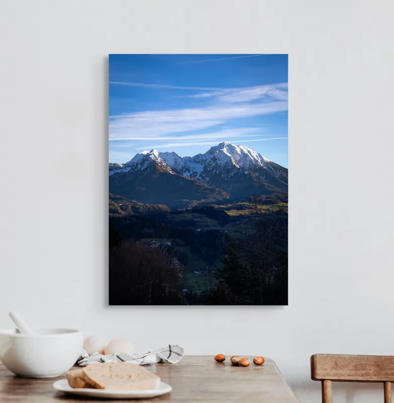 Tablou Canvas, "Umbrele serii peste munți alpini", Munți, Zăpadă, Cer, Nor, Vârfuri, Pădure, Vale, Lumină, Umbre, Peisaj, 50 x 70 cm – poza 3