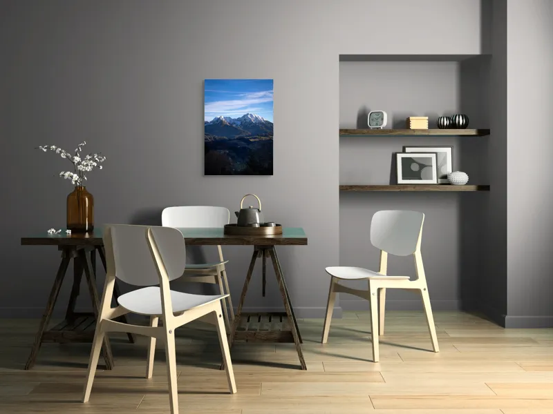 Tablou Canvas, "Umbrele serii peste munți alpini", Munți, Zăpadă, Cer, Nor, Vârfuri, Pădure, Vale, Lumină, Umbre, Peisaj, 50 x 70 cm – poza 5