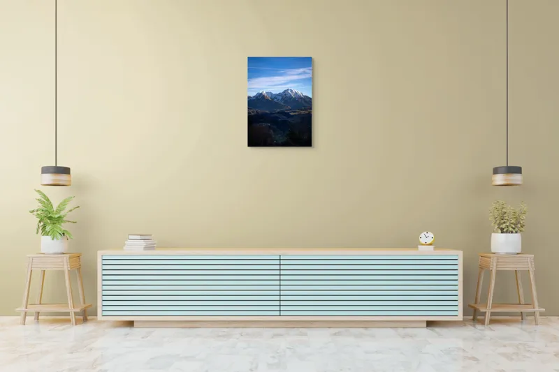 Tablou Canvas, "Umbrele serii peste munți alpini", Munți, Zăpadă, Cer, Nor, Vârfuri, Pădure, Vale, Lumină, Umbre, Peisaj, 50 x 70 cm – poza 6