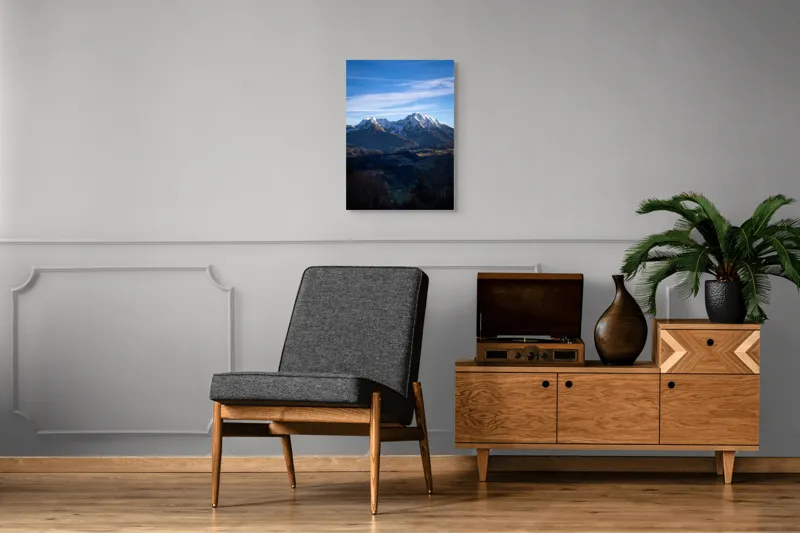 Tablou Canvas, "Umbrele serii peste munți alpini", Munți, Zăpadă, Cer, Nor, Vârfuri, Pădure, Vale, Lumină, Umbre, Peisaj, 50 x 70 cm – poza 8