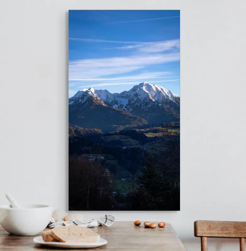 Tablou Canvas, "Umbrele serii peste munți alpini", Munți, Zăpadă, Cer, Nor, Vârfuri, Pădure, Vale, Lumină, Umbre, Peisaj, 50 x 90 cm – poza 3