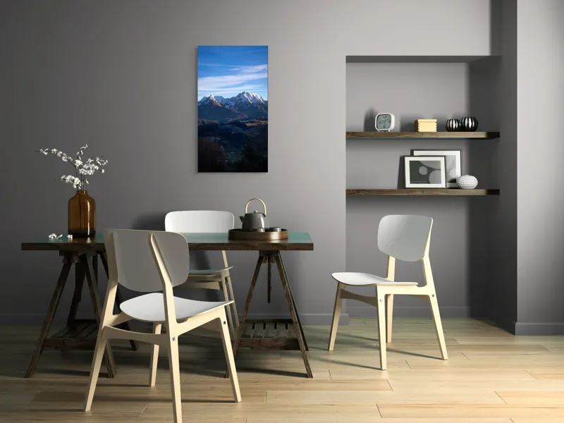 Tablou Canvas, "Umbrele serii peste munți alpini", Munți, Zăpadă, Cer, Nor, Vârfuri, Pădure, Vale, Lumină, Umbre, Peisaj, 50 x 90 cm – poza 4