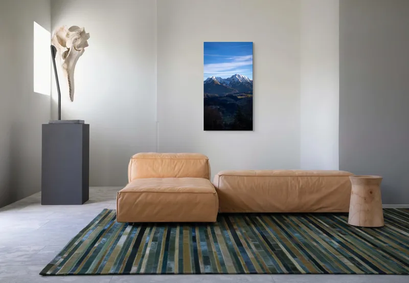 Tablou Canvas, "Umbrele serii peste munți alpini", Munți, Zăpadă, Cer, Nor, Vârfuri, Pădure, Vale, Lumină, Umbre, Peisaj, 50 x 90 cm – poza 5