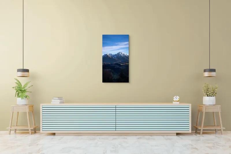 Tablou Canvas, "Umbrele serii peste munți alpini", Munți, Zăpadă, Cer, Nor, Vârfuri, Pădure, Vale, Lumină, Umbre, Peisaj, 50 x 90 cm – poza 6
