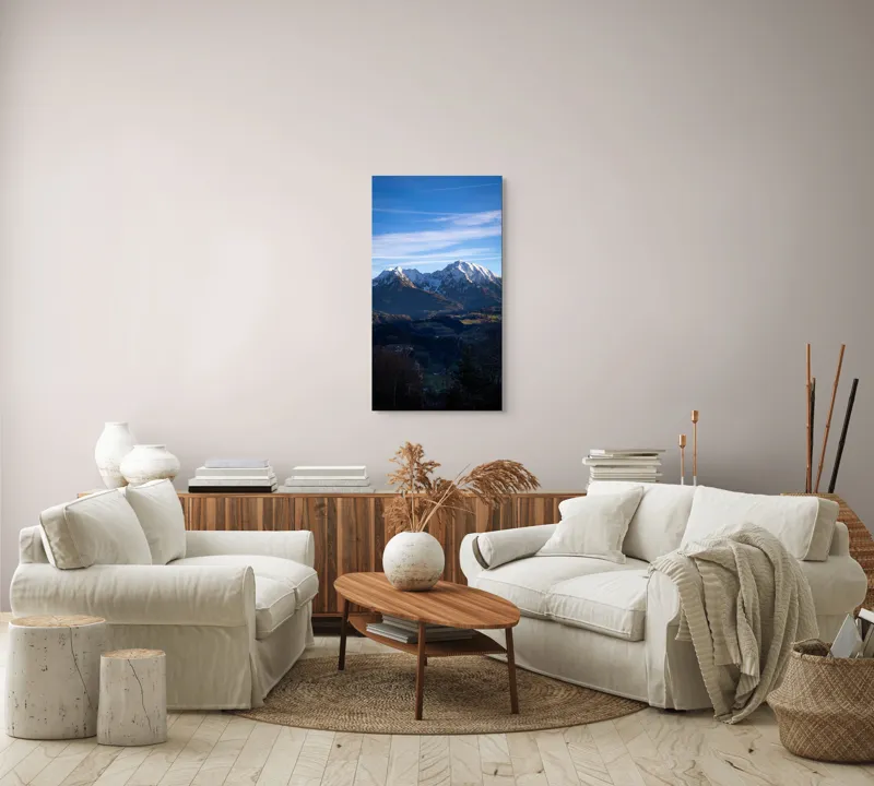 Tablou Canvas, "Umbrele serii peste munți alpini", Munți, Zăpadă, Cer, Nor, Vârfuri, Pădure, Vale, Lumină, Umbre, Peisaj, 50 x 90 cm – poza 7