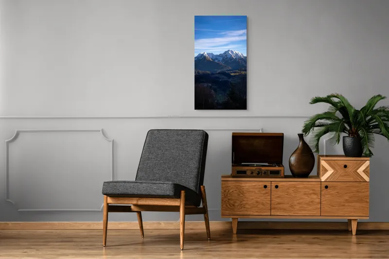 Tablou Canvas, "Umbrele serii peste munți alpini", Munți, Zăpadă, Cer, Nor, Vârfuri, Pădure, Vale, Lumină, Umbre, Peisaj, 50 x 90 cm – poza 8