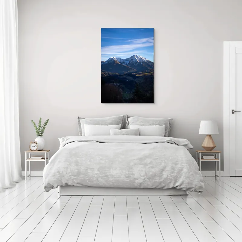 Tablou Canvas, "Umbrele serii peste munți alpini", Munți, Zăpadă, Cer, Nor, Vârfuri, Pădure, Vale, Lumină, Umbre, Peisaj, 70 x 100 cm – poza 3
