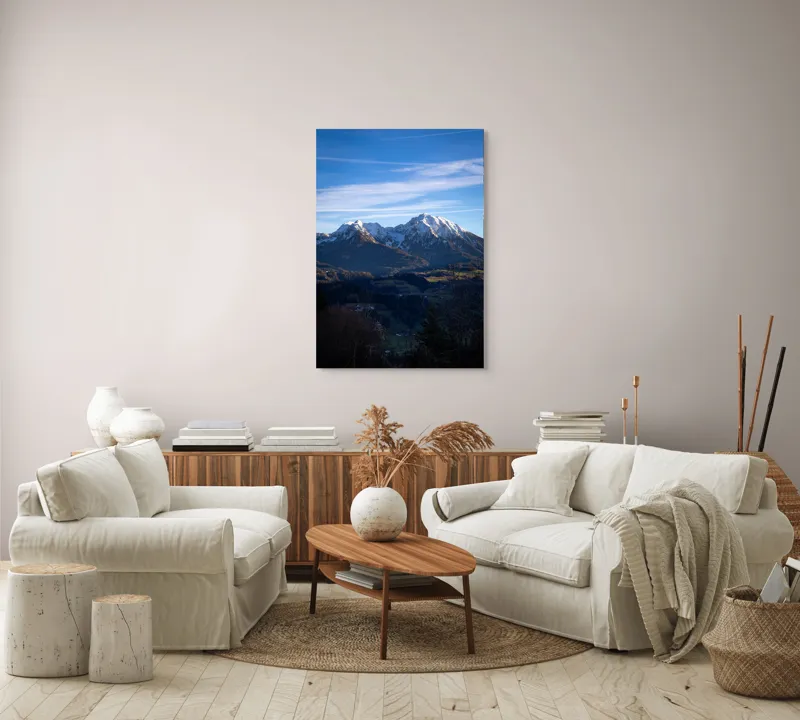 Tablou Canvas, "Umbrele serii peste munți alpini", Munți, Zăpadă, Cer, Nor, Vârfuri, Pădure, Vale, Lumină, Umbre, Peisaj, 70 x 100 cm – poza 4