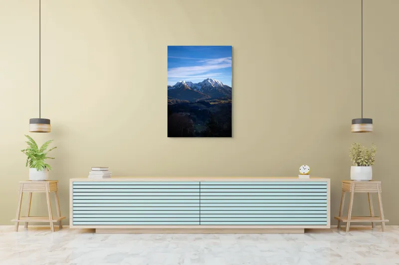 Tablou Canvas, "Umbrele serii peste munți alpini", Munți, Zăpadă, Cer, Nor, Vârfuri, Pădure, Vale, Lumină, Umbre, Peisaj, 70 x 100 cm – poza 5