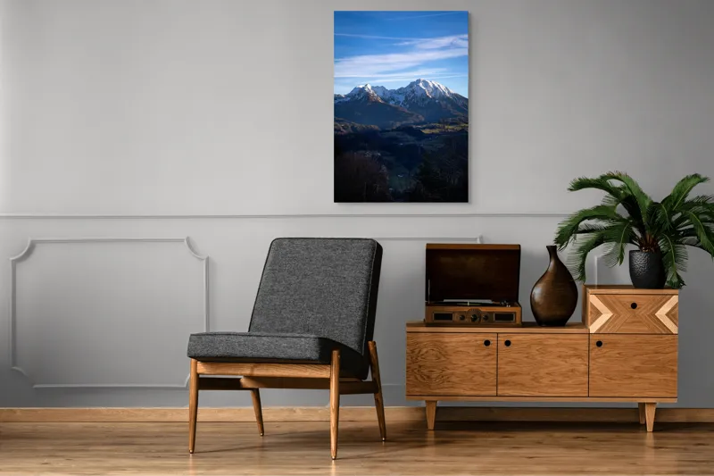 Tablou Canvas, "Umbrele serii peste munți alpini", Munți, Zăpadă, Cer, Nor, Vârfuri, Pădure, Vale, Lumină, Umbre, Peisaj, 70 x 100 cm – poza 6