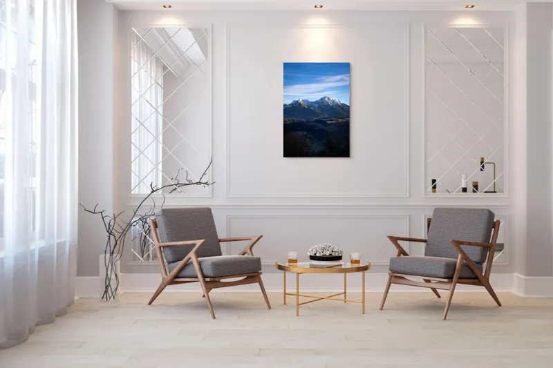 Tablou Canvas, "Umbrele serii peste munți alpini", Munți, Zăpadă, Cer, Nor, Vârfuri, Pădure, Vale, Lumină, Umbre, Peisaj, 70 x 100 cm – poza 8