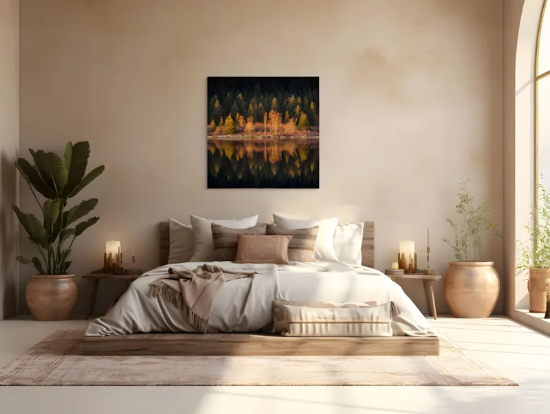 Tablou Canvas, "Lumina aurie în pădurea adormită", Reflecție, Pădure, Lac, Copaci, Toamnă, Apus, Lumină, Frumusețe, Natură, Serenitate, 100 x 100 cm – poza 4