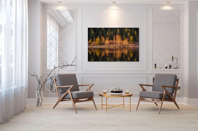 Tablou Canvas, "Lumina aurie în pădurea adormită", Reflecție, Pădure, Lac, Copaci, Toamnă, Apus, Lumină, Frumusețe, Natură, Serenitate, 150 x 100 cm – poza 7