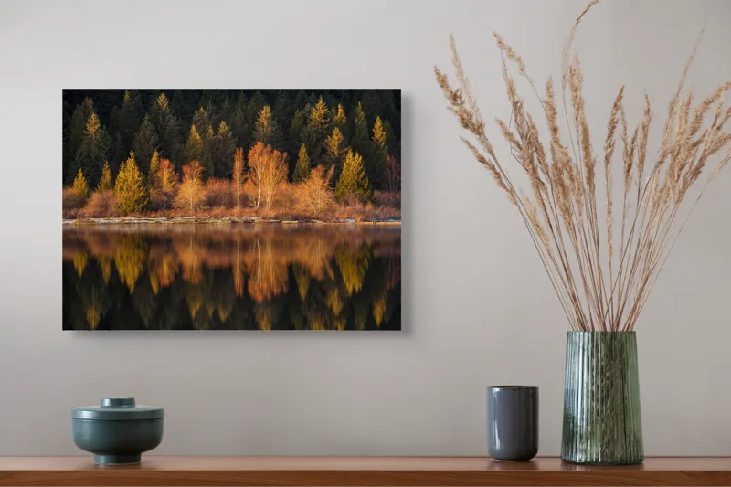 Tablou Canvas, "Lumina aurie în pădurea adormită", Reflecție, Pădure, Lac, Copaci, Toamnă, Apus, Lumină, Frumusețe, Natură, Serenitate, 54 x 39 cm – poza 4