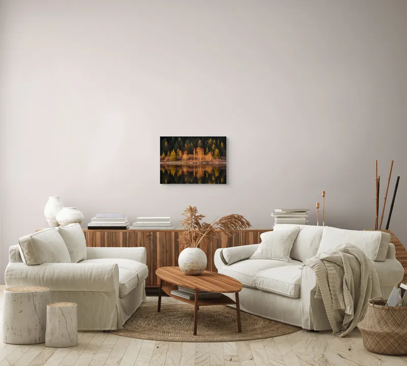 Tablou Canvas, "Lumina aurie în pădurea adormită", Reflecție, Pădure, Lac, Copaci, Toamnă, Apus, Lumină, Frumusețe, Natură, Serenitate, 54 x 39 cm – poza 5