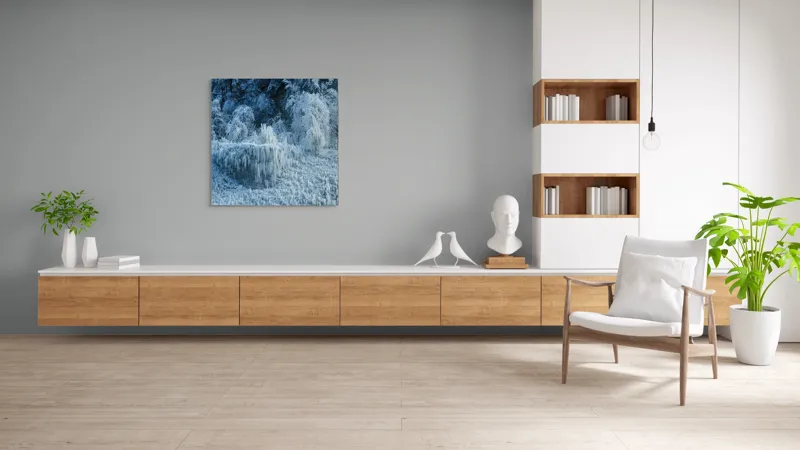 Tablou Canvas, "Pădure înghețată în liniștea iernii", Gheață, Pădure, Iarnă, Turturi, Frig, Natură, Peisaj, Alb, Înghețat, Copaci, 100 x 100 cm – poza 8