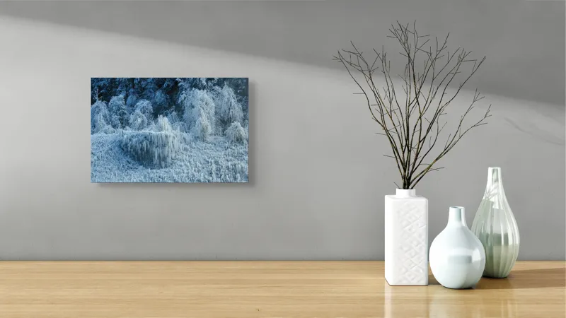 Tablou Canvas, "Pădure înghețată în liniștea iernii", Gheață, Pădure, Iarnă, Turturi, Frig, Natură, Peisaj, Alb, Înghețat, Copaci, 39 x 26 cm – poza 8