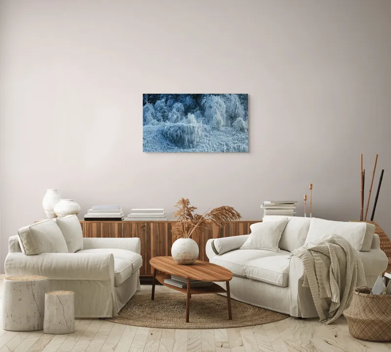 Tablou Canvas, "Pădure înghețată în liniștea iernii", Gheață, Pădure, Iarnă, Turturi, Frig, Natură, Peisaj, Alb, Înghețat, Copaci, 90 x 50 cm – poza 4