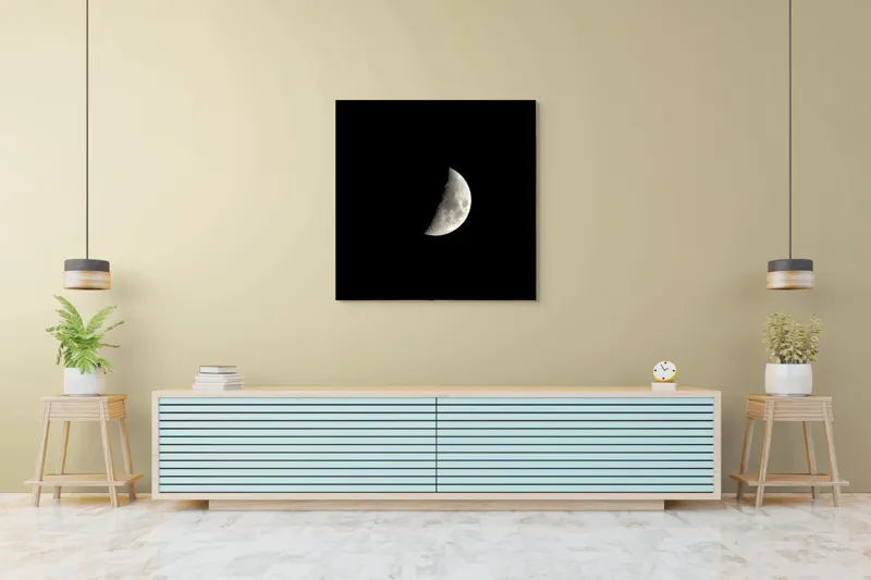 Tablou Canvas, "Luna în fază de primul pătrar", Mister, Lumină, Noapte, Cer, Astronomie, Tăcere, Frumusețe, Solitudine, 100 x 100 cm – poza 5