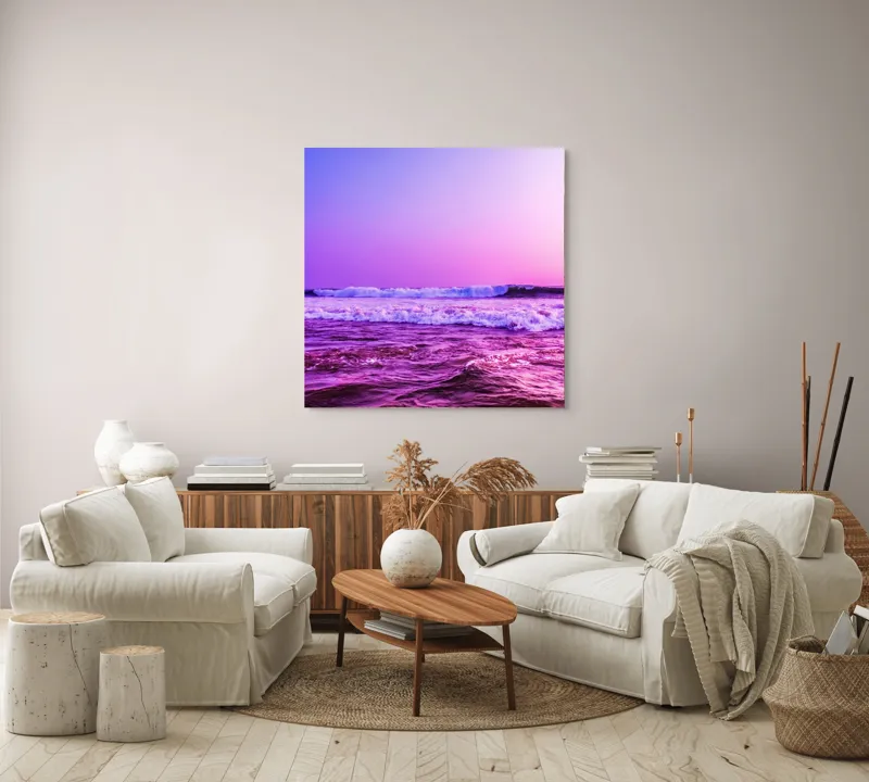 Tablou Canvas, "Valuri sub cerul purpuriu", Ocean, Apus, Valuri, Cer, Roz, Albastru, Orizont, Lumină, Reflecție, Calm, Natură, 100 x 100 cm – poza 3