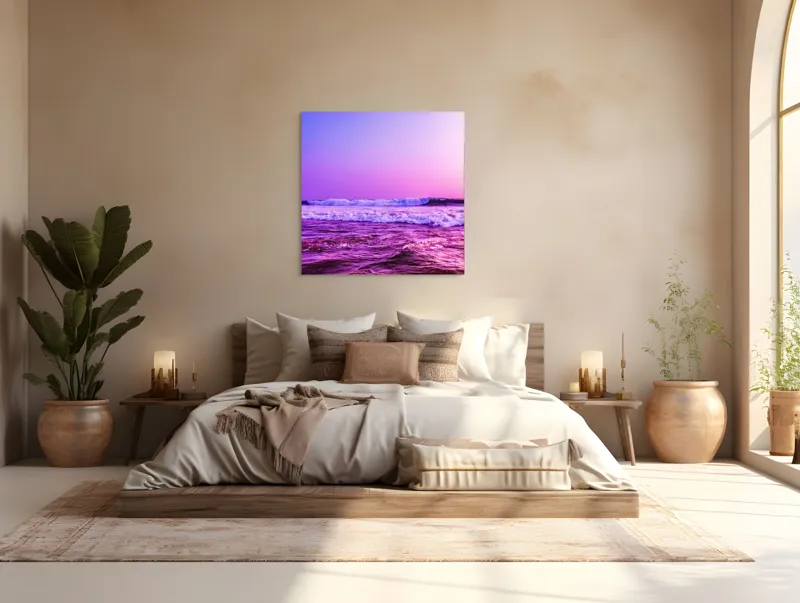 Tablou Canvas, "Valuri sub cerul purpuriu", Ocean, Apus, Valuri, Cer, Roz, Albastru, Orizont, Lumină, Reflecție, Calm, Natură, 100 x 100 cm – poza 4