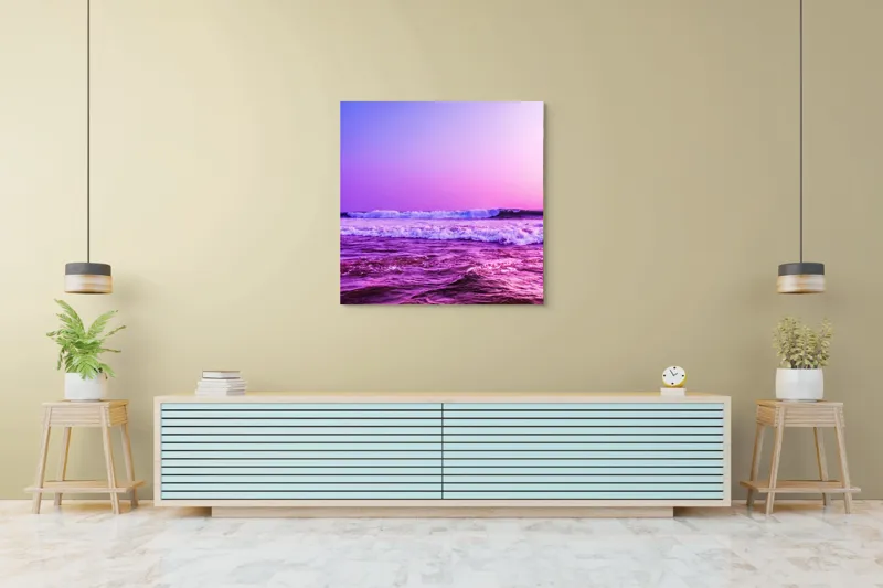 Tablou Canvas, "Valuri sub cerul purpuriu", Ocean, Apus, Valuri, Cer, Roz, Albastru, Orizont, Lumină, Reflecție, Calm, Natură, 100 x 100 cm – poza 5