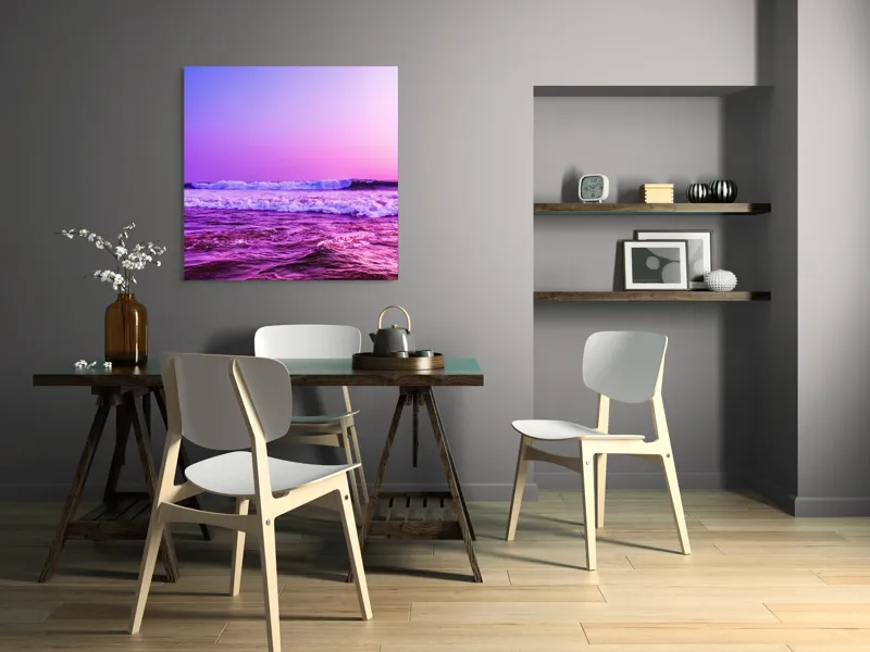 Tablou Canvas, "Valuri sub cerul purpuriu", Ocean, Apus, Valuri, Cer, Roz, Albastru, Orizont, Lumină, Reflecție, Calm, Natură, 100 x 100 cm – poza 6