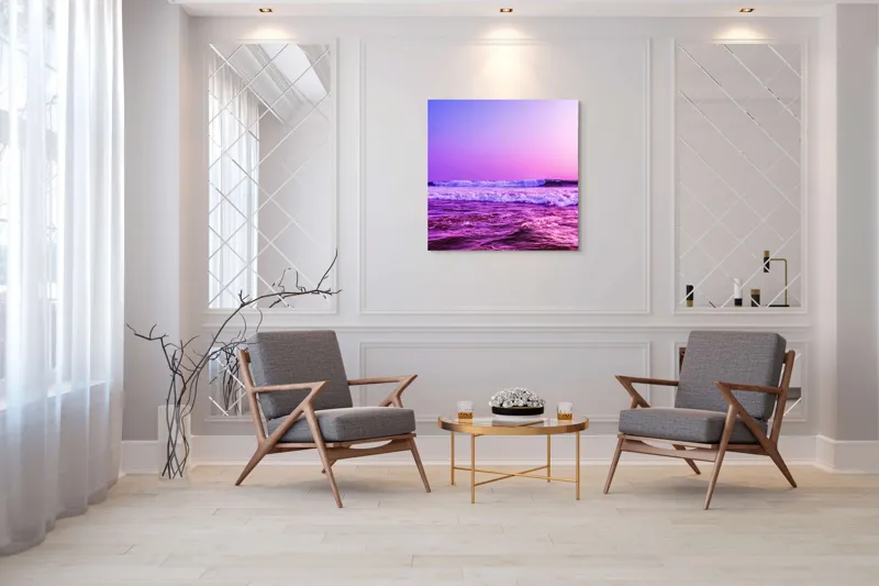 Tablou Canvas, "Valuri sub cerul purpuriu", Ocean, Apus, Valuri, Cer, Roz, Albastru, Orizont, Lumină, Reflecție, Calm, Natură, 100 x 100 cm – poza 7
