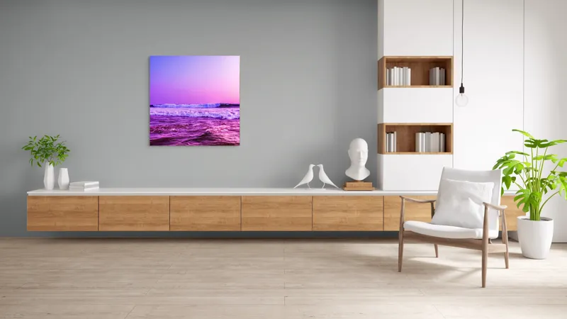 Tablou Canvas, "Valuri sub cerul purpuriu", Ocean, Apus, Valuri, Cer, Roz, Albastru, Orizont, Lumină, Reflecție, Calm, Natură, 100 x 100 cm – poza 8