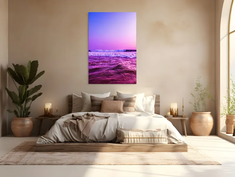 Tablou Canvas, "Valuri sub cerul purpuriu", Ocean, Apus, Valuri, Cer, Roz, Albastru, Orizont, Lumină, Reflecție, Calm, Natură, 100 x 150 cm – poza 3