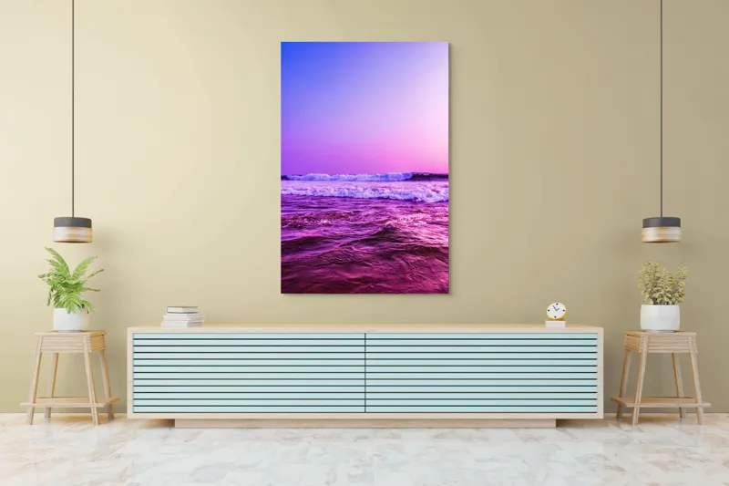 Tablou Canvas, "Valuri sub cerul purpuriu", Ocean, Apus, Valuri, Cer, Roz, Albastru, Orizont, Lumină, Reflecție, Calm, Natură, 100 x 150 cm – poza 4